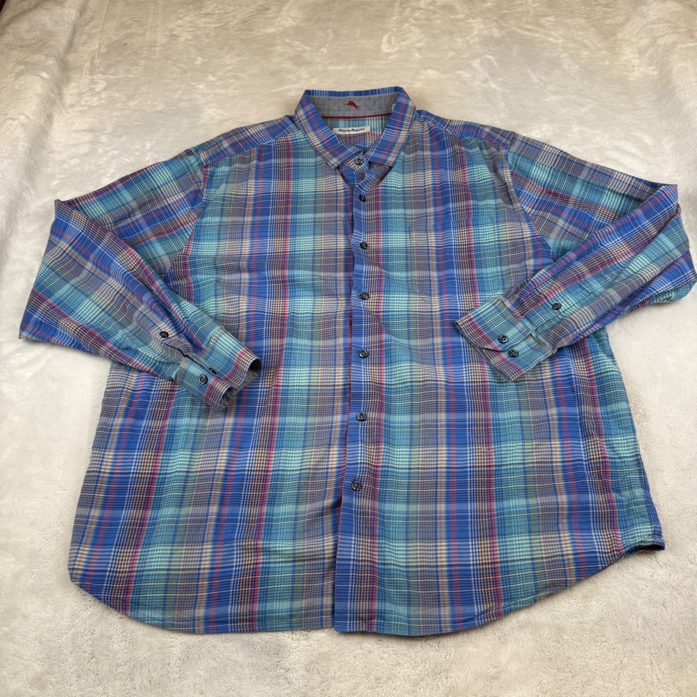 Tommy Bahama XXL Plaid Button Down Shirt Cotton Silk Blue Red Menswear